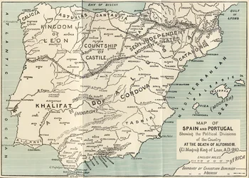 Karte von Spanien und Portugal, die die politischen Teilungen im Land beim Tod von Alfons III., König von León, zeigt, aus 